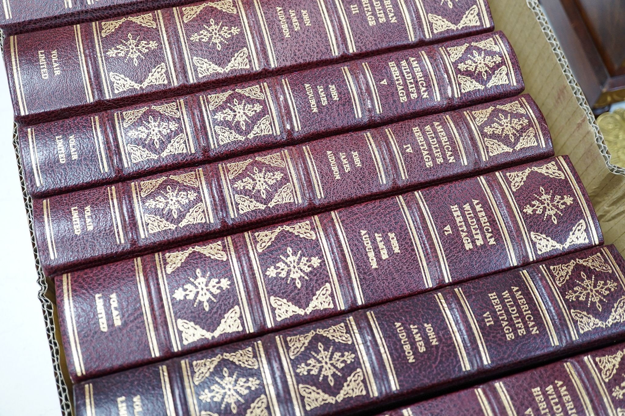 Audubon, John James & Bachman, Rev. John - The American Wildlife Heritage. 10 vols. (ex 11, lacking the index). many coloured plates; publisher's gilt ruled and decorated maroon morocco, gilt lettered panelled spines, ge